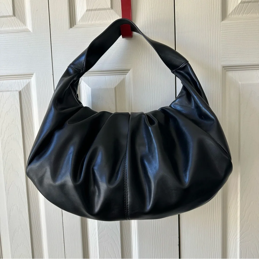 Express Slouched Hobo Handbag Runch Shoulder Bag Black Faux Leather